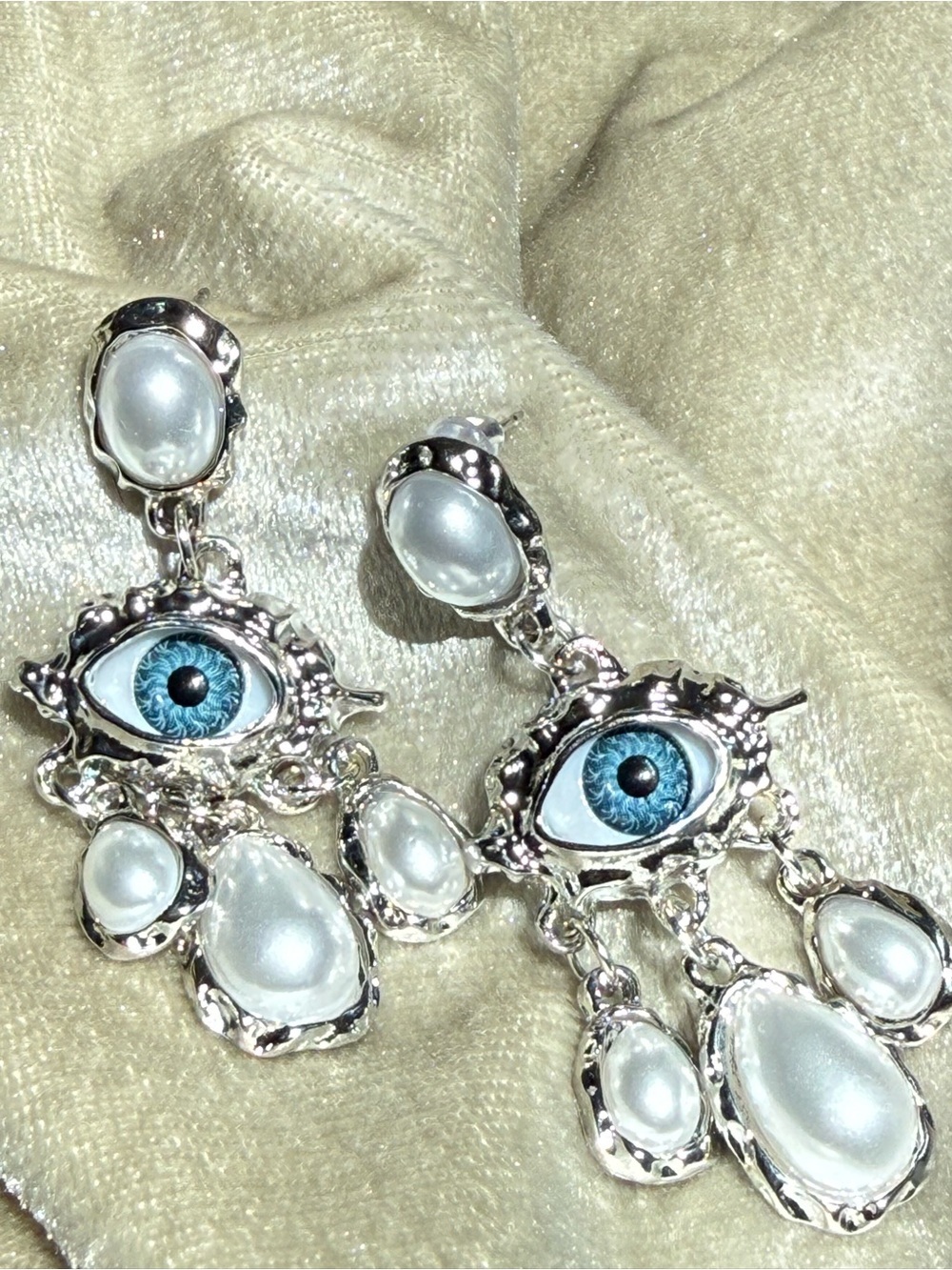 Blue Evil Eye Drop Earrings with Pearl Accents - Picture 4 of 5